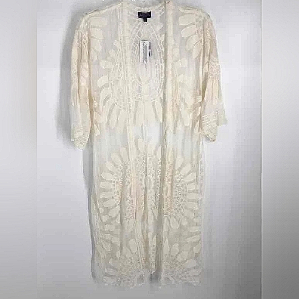 NEW Artesia Long Duster Kimono Embroidered Mesh 3/4 Sleeve Tie Front Cover Large - Picture 2 of 7
